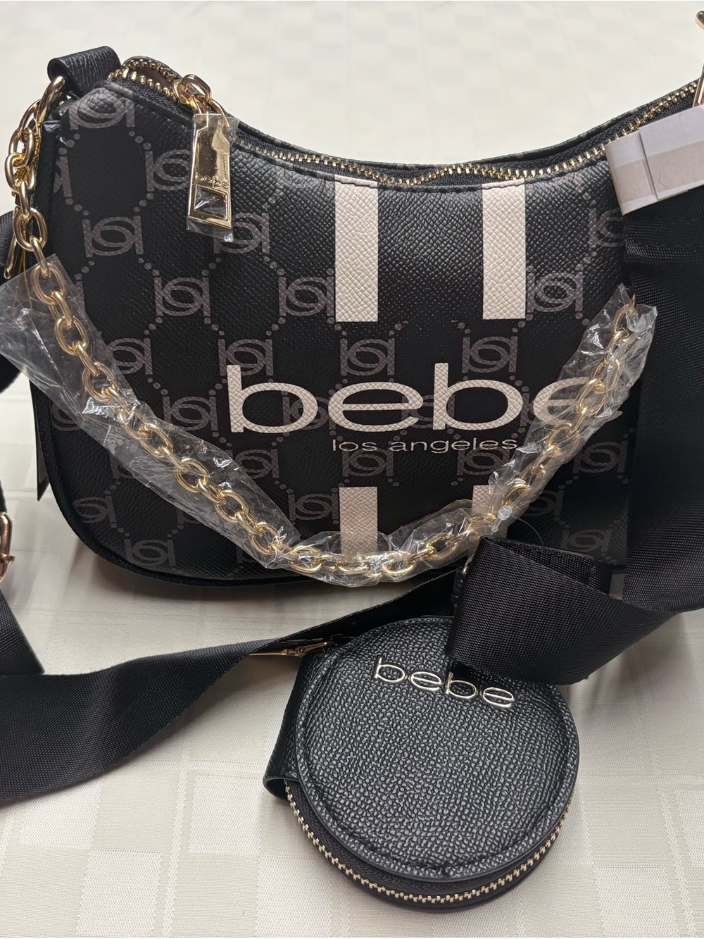 bebe Black Logo Shoulder Bag with White Stripe and Gold Chain